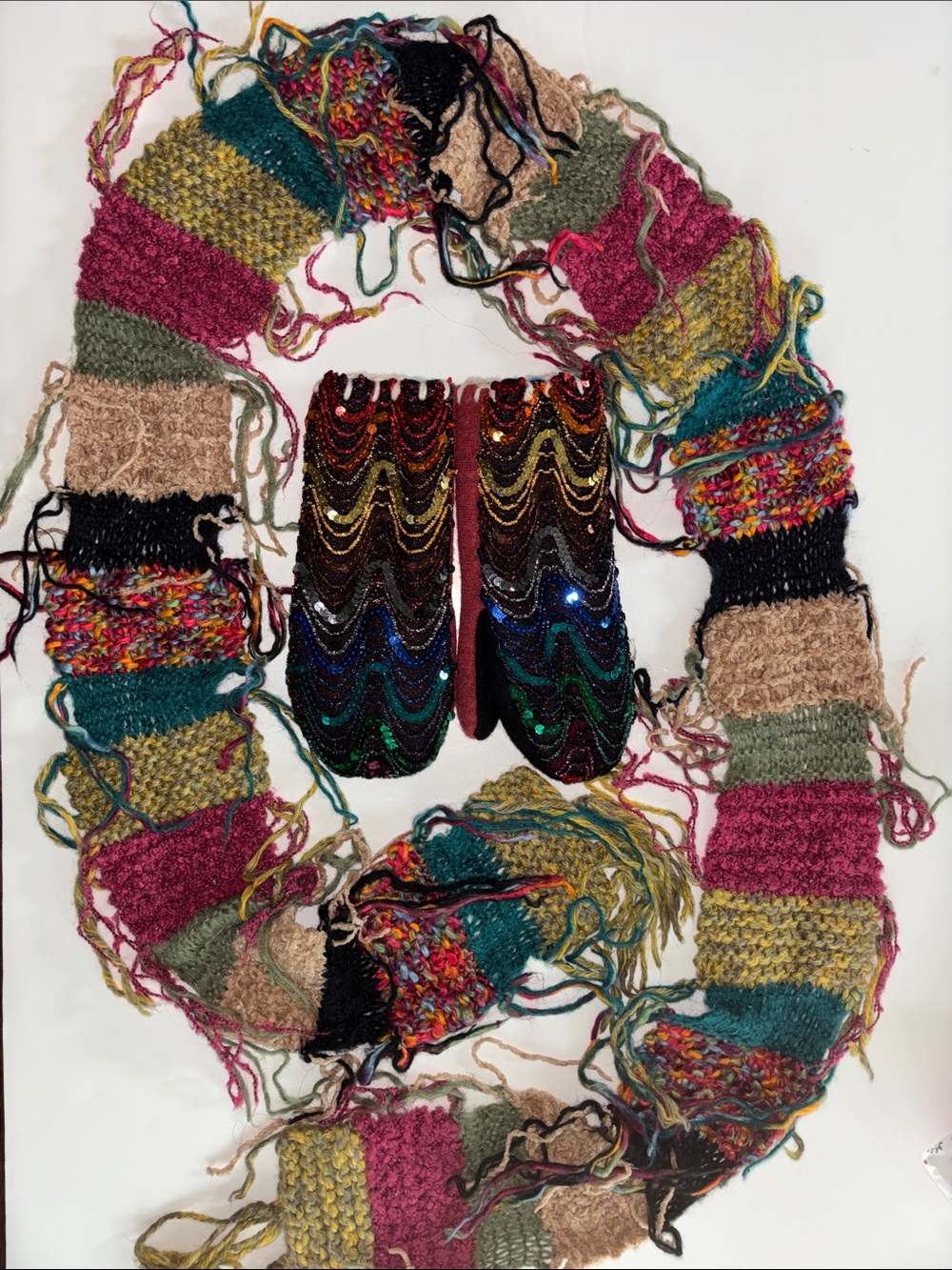 Handmade Multicolor Sequin Knit Mittens and Scarf Set